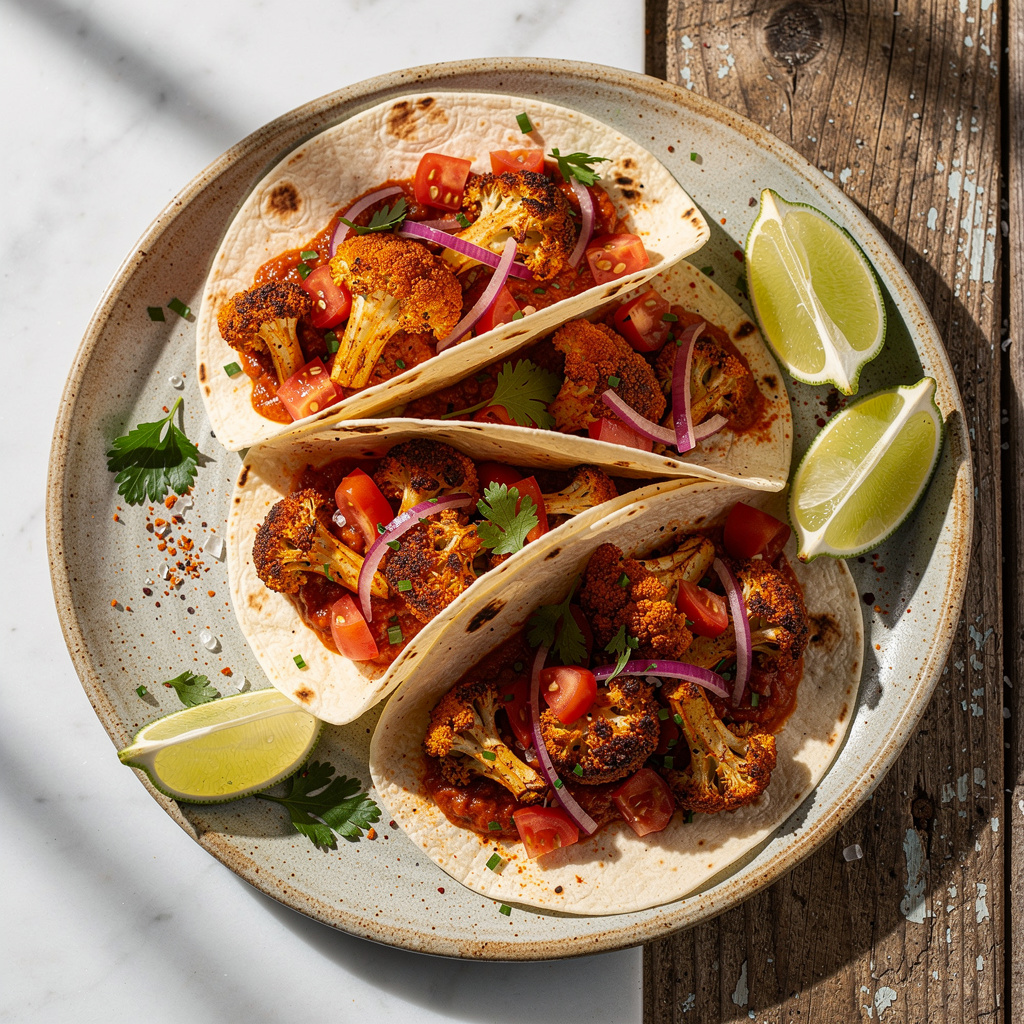 Mediterranean Tacos with Spicy Roasted Cauliflower