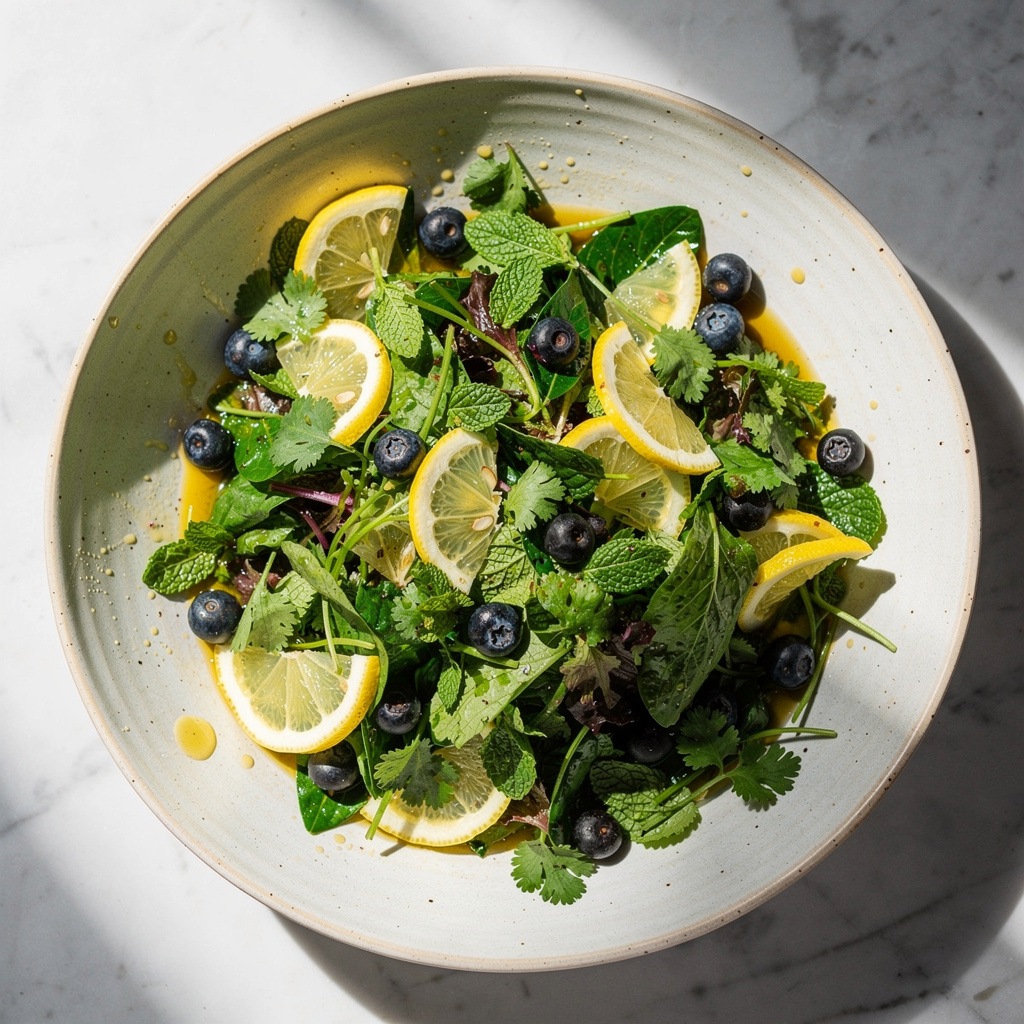 Herby Blueberry Salad with Lemon Ginger Dressing