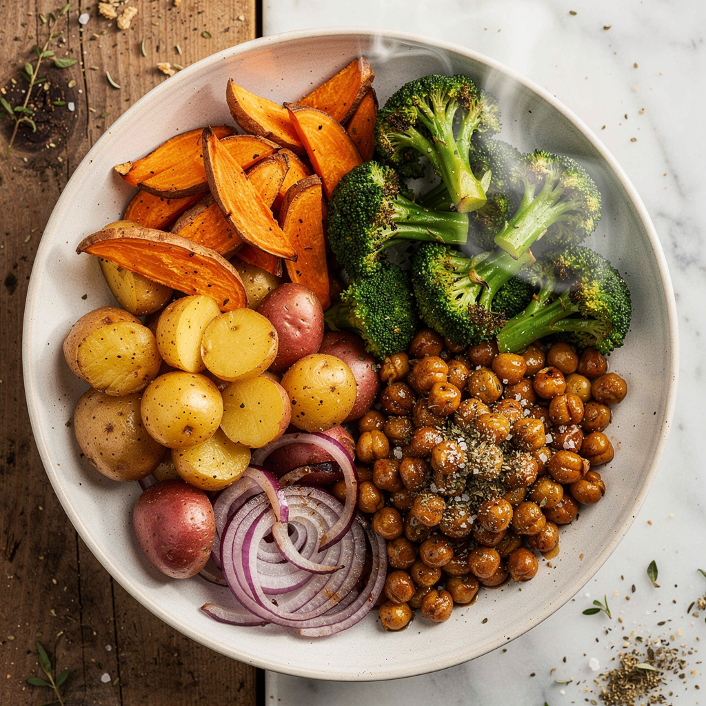 Sheet Pan Supper with Broccoli, Spuds, and Maple-Balsamic Chickpeas