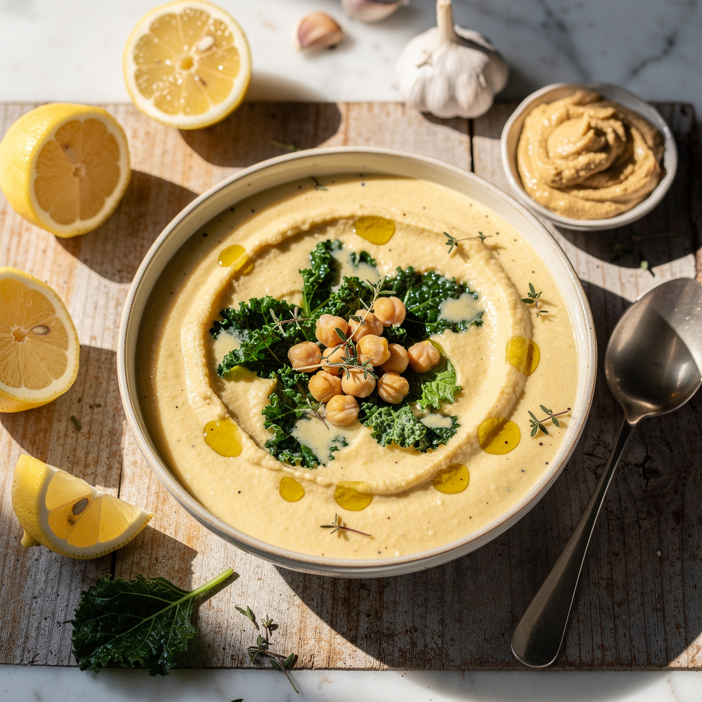 Lemon Hummus Soup with Kale