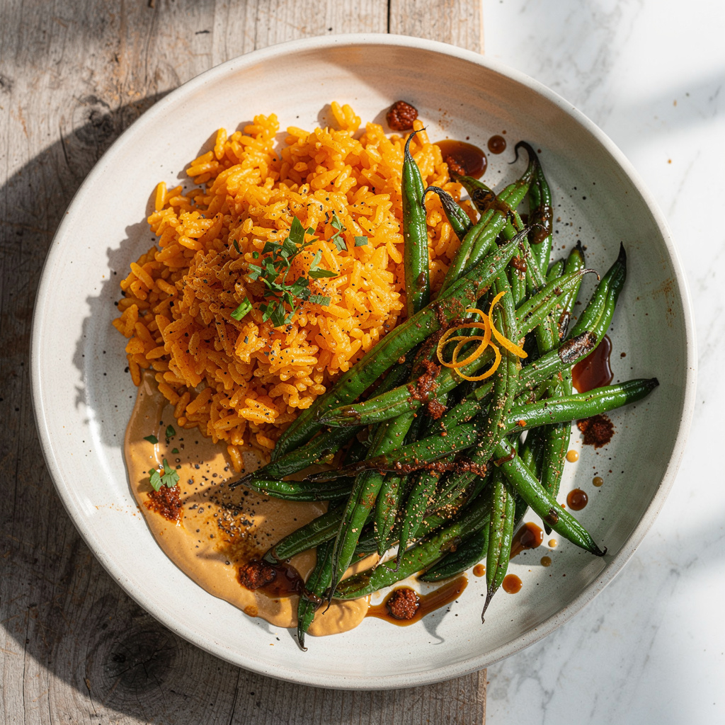Curried Blistered Green Beans with Orange Rice