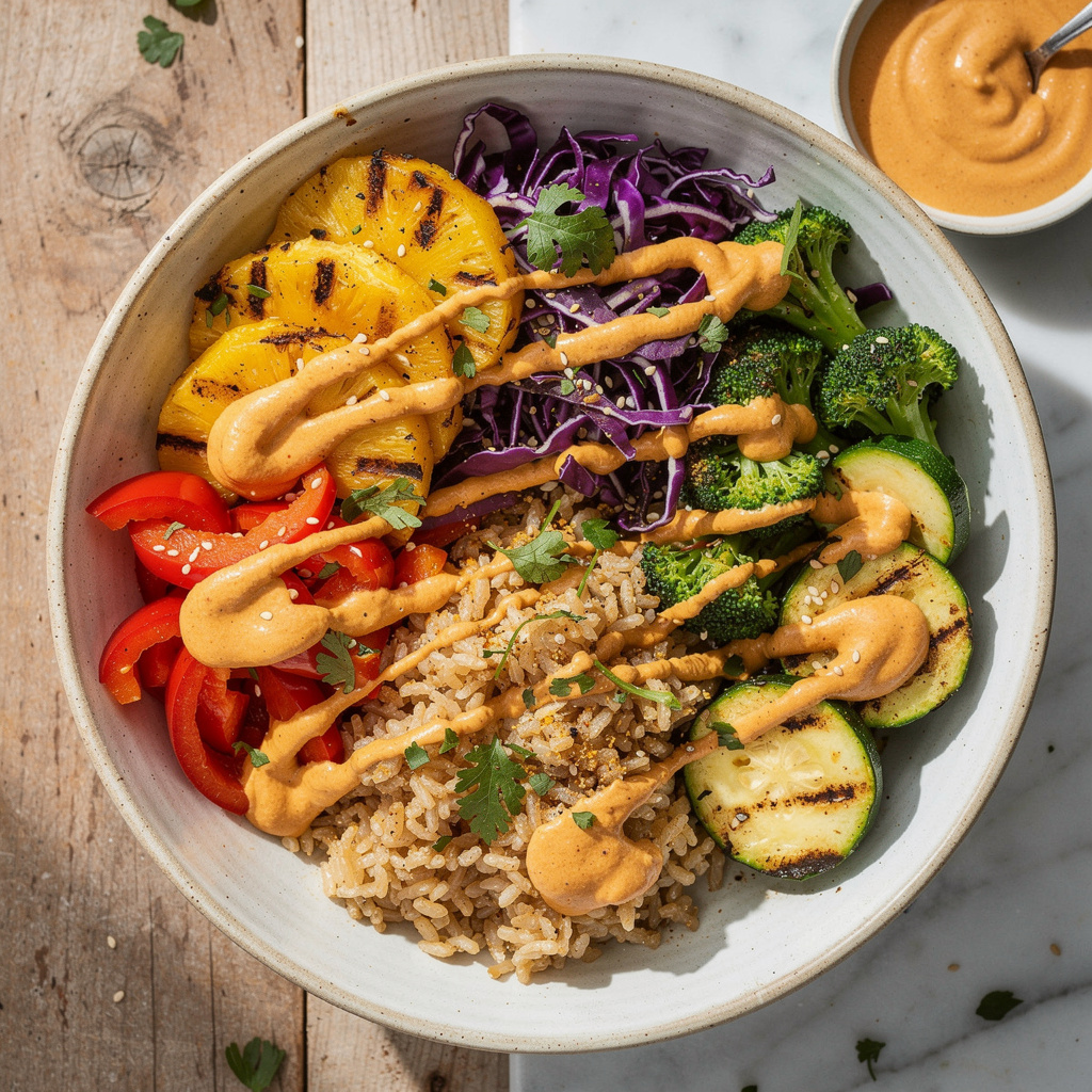Grilled Pineapple Veggie Bowl with Spicy Cashew Crema