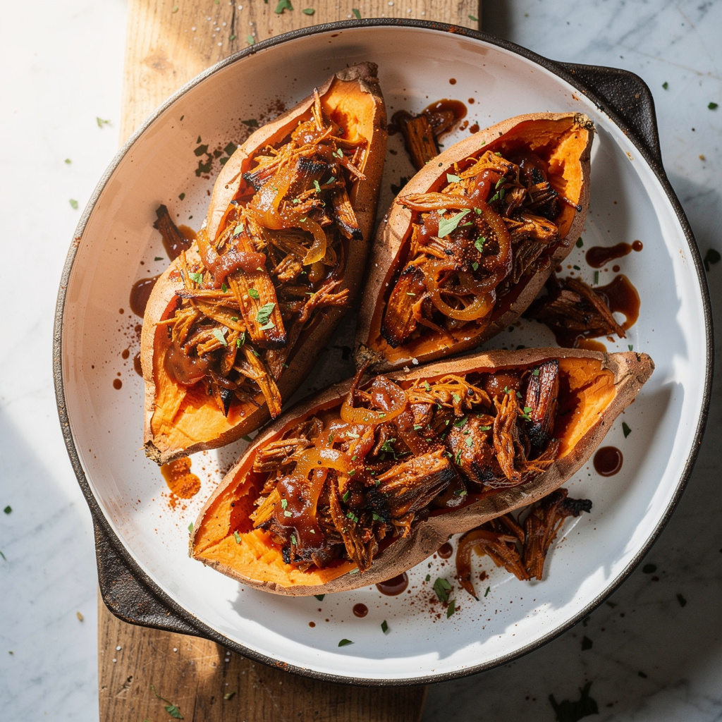 Barbecue Stuffed Sweet Potatoes with Smoky Jackfruit