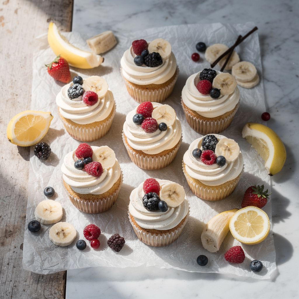 Berry and Banana Cupcakes with Vanilla Frosting