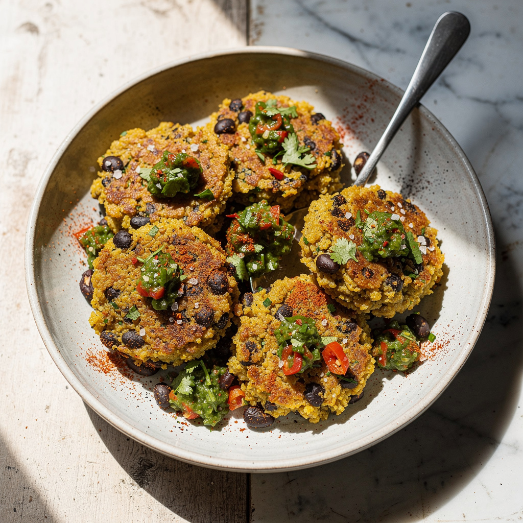 Black Bean Polenta Cakes with Pepper-Cilantro Salsa