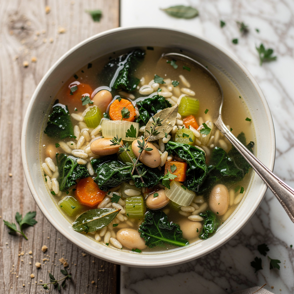 Cannellini Bean, Kale, and Orzo Soup