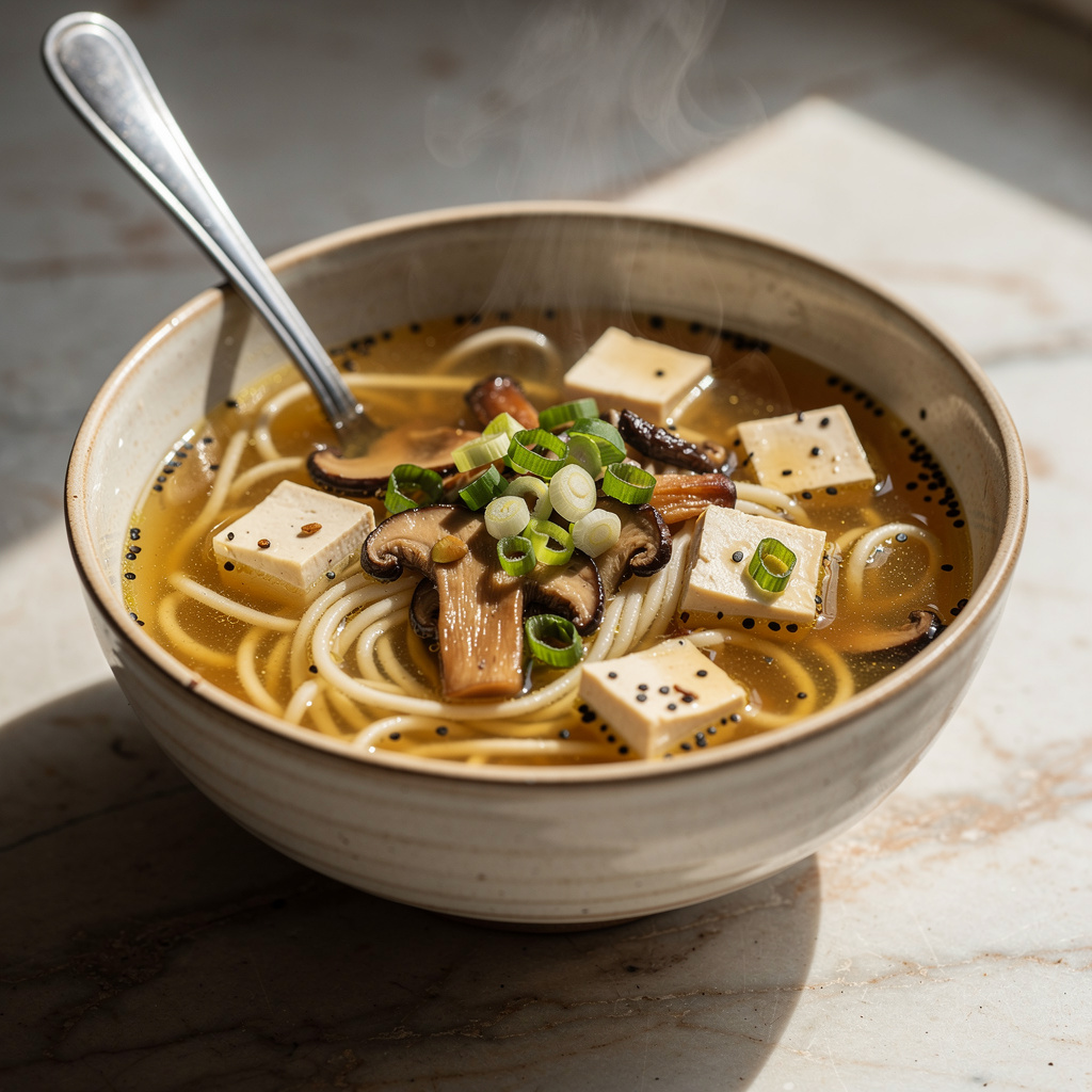 Vegan Miso Soup with Noodles and Tofu