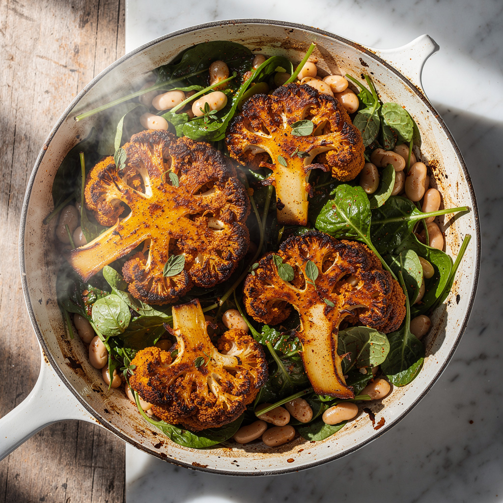 Buffalo Cauliflower Steak with Greens & Beans