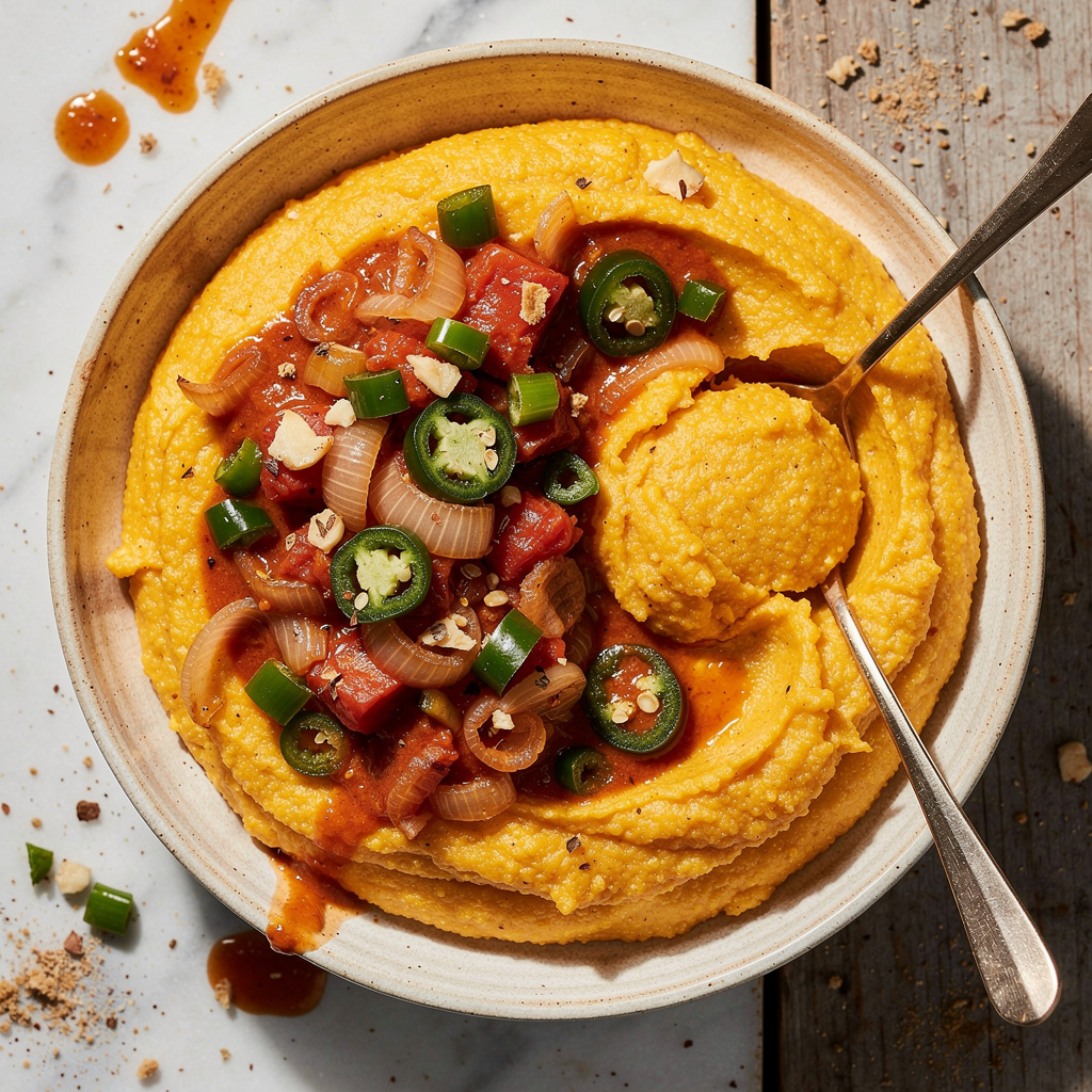Creamy Polenta with Jalapeño Tomato Sauce